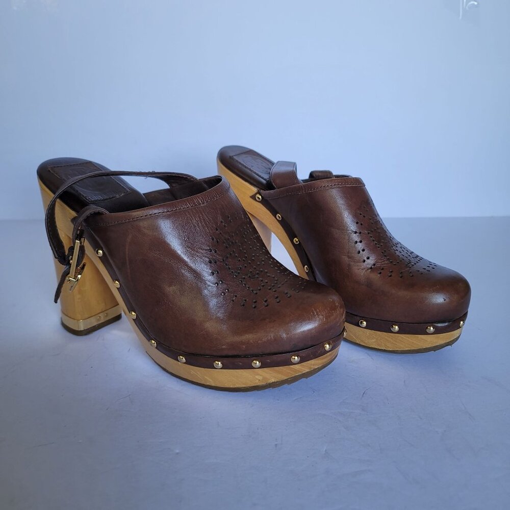 Tory Burch Brayden Perforated Leather Logo Slingback Wood Clogs. Size 7.5M